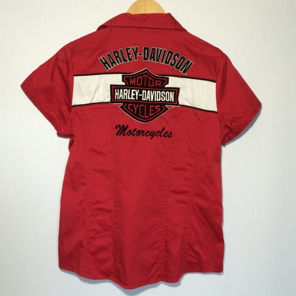 Harley Davidson Womens Blouse Top Medium Red Embroidery Zip Closure Cap Sleeve - Picture 1 of 8